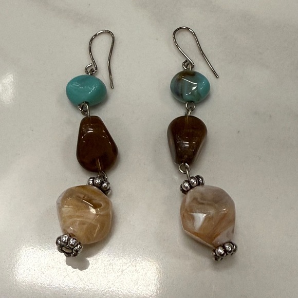 Boho Beaded Dangle Earrings Turquoise Brown Beige Statement Jewelry - Picture 1 of 2